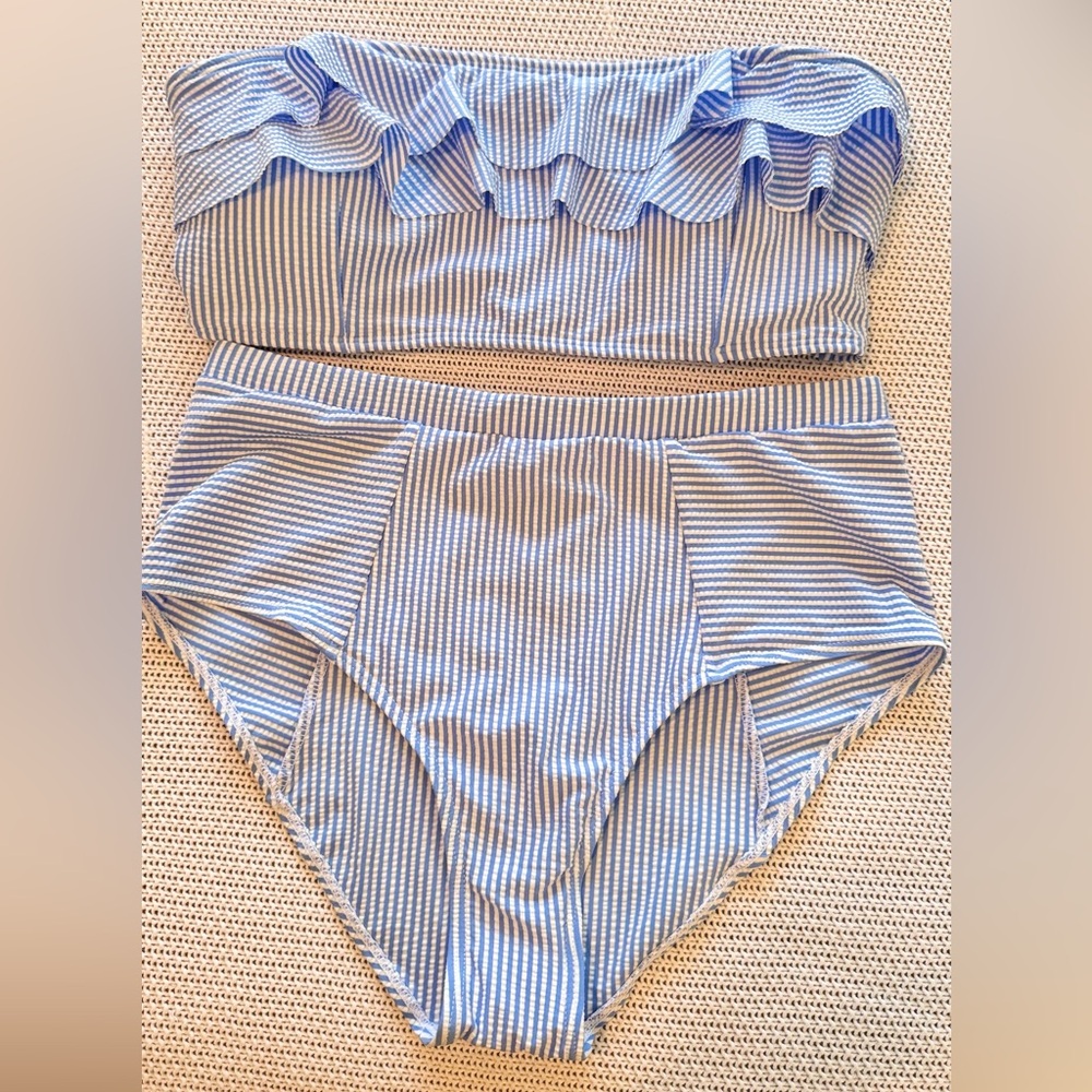 Seersucker Ruffle Bandeau Blue & White Striped Bikini Swimsuit - Picture 2 of 13